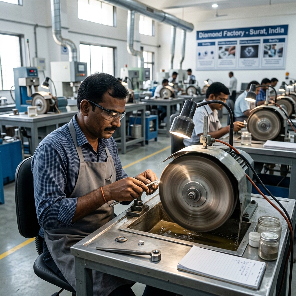 Craftsman polishing diamonds